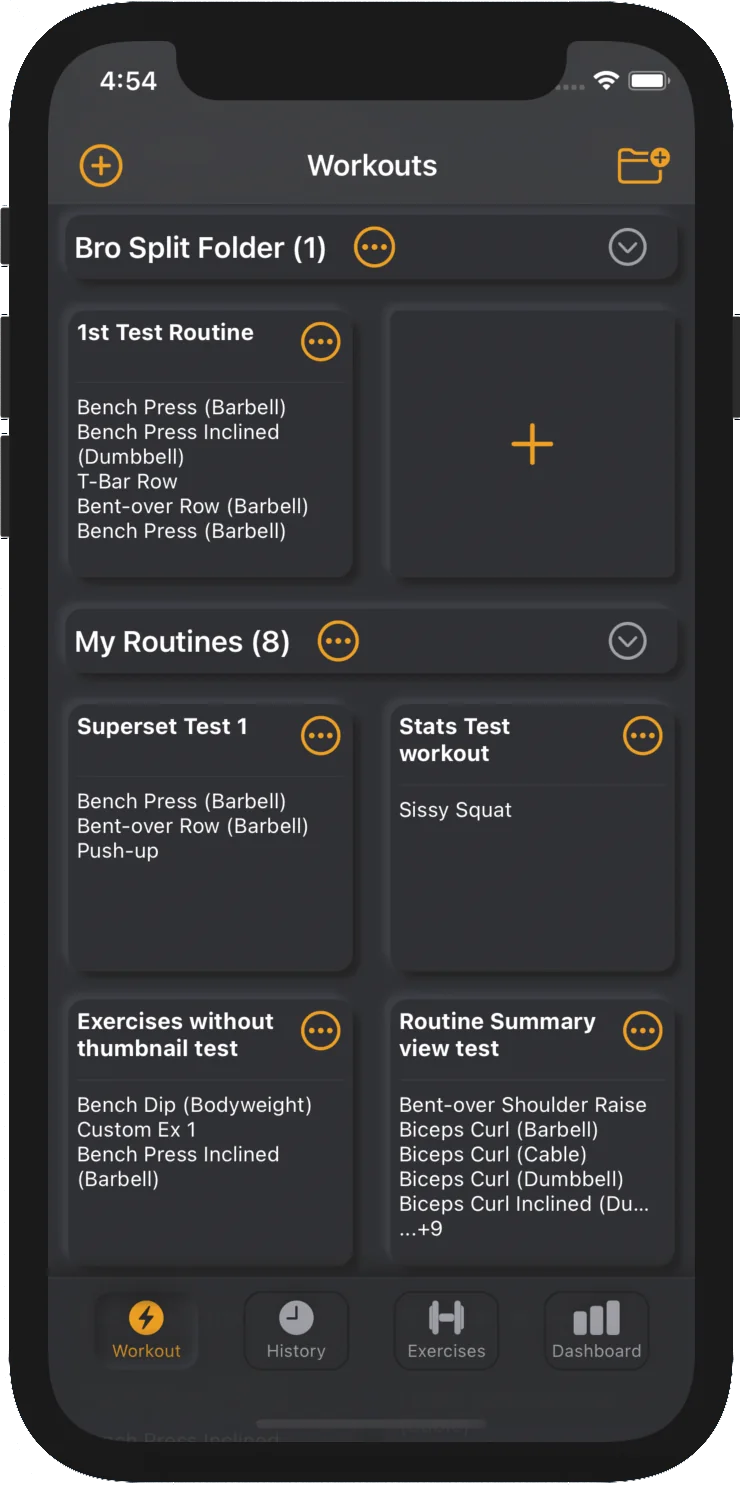 Workout selection screen listing saved routines
